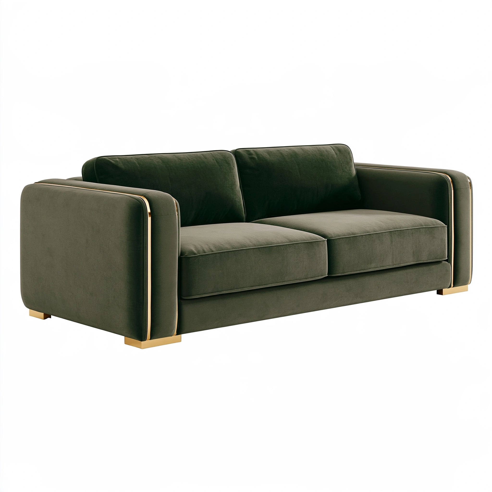 Divano due posti 180 x 90 x 80 cm in tessuto effetto velluto verde con dettagli dorati stile moderno